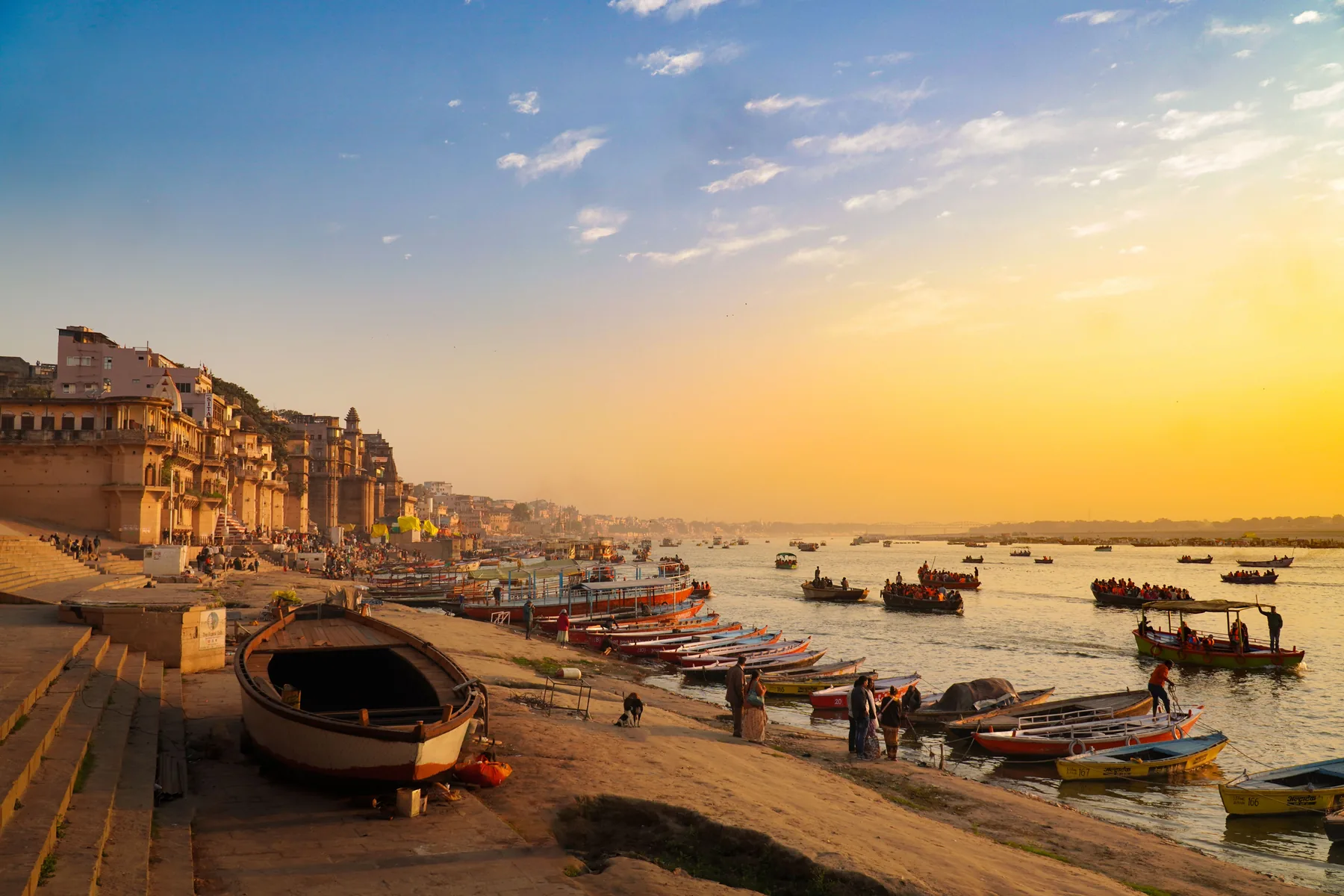 Golden hour view of Varanasi ghats and the Ganges River
